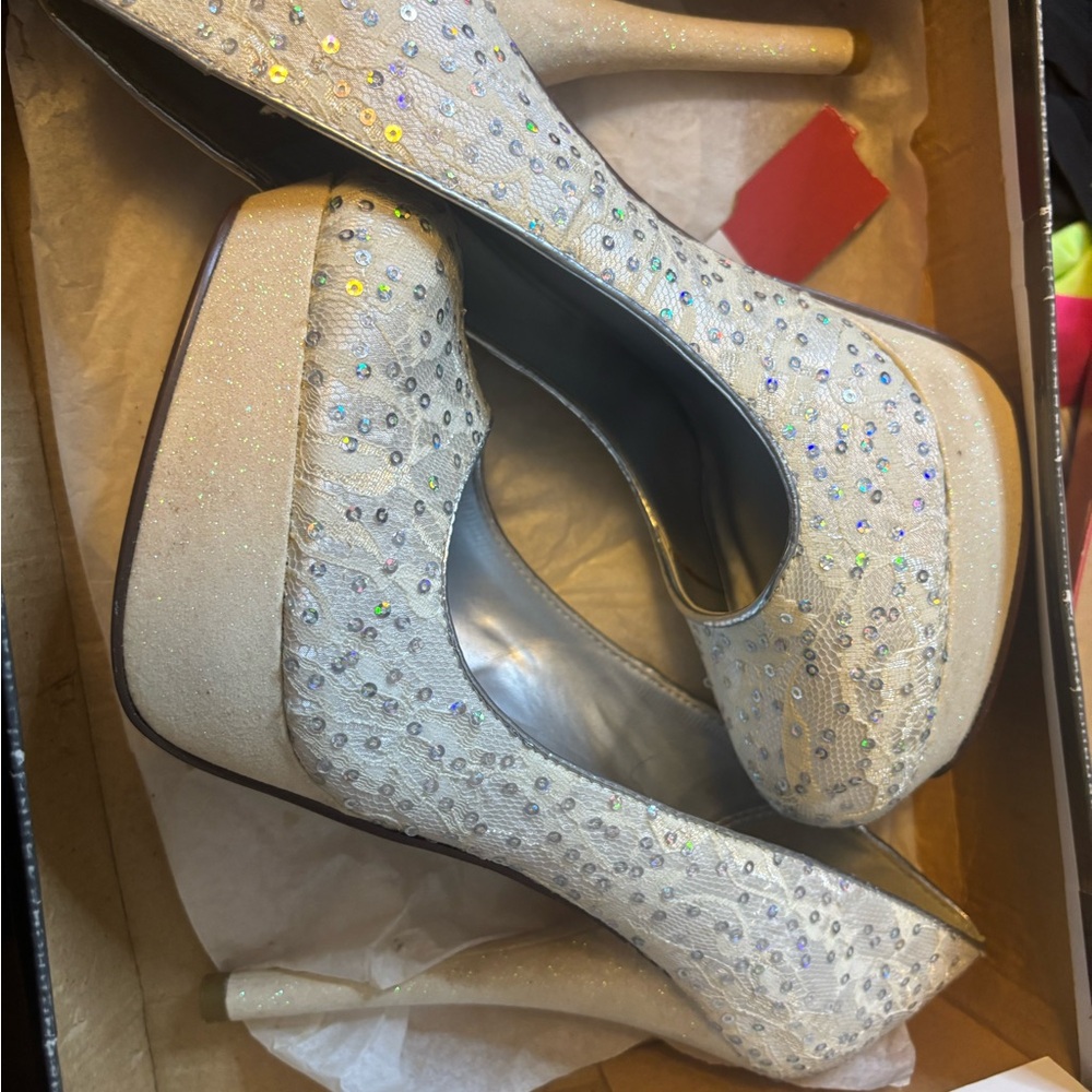 Speed Limit 98 Ivory Sequin Heels